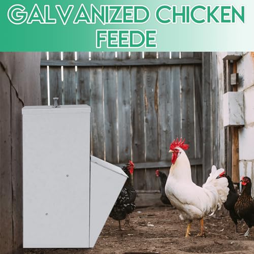 Uiifan 2 Pcs 50 lb Galvanized Chicken Feeder Weatherproof Poultry Metal Food Dispenser with Lid Chicken Duck Food Dispenser Rat Proof Feeder for Poultry Geese Quails Bantams Ducks and Turkey - size: 50 lb