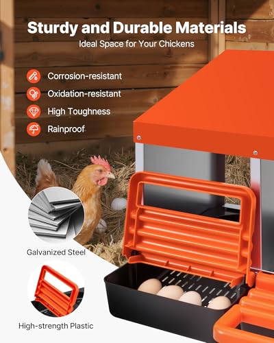 VEVOR Chicken Nesting Boxes, 3 Compartments, Metal Egg Laying Boxes with Protective Collection Lids, Roll Out Nesting Box, Easy to Assemble, Ideal for Hens, Ducks, Chickens, and Other Poultry, Orange - size: 31.3"L x 20.6"W x 18.7"H