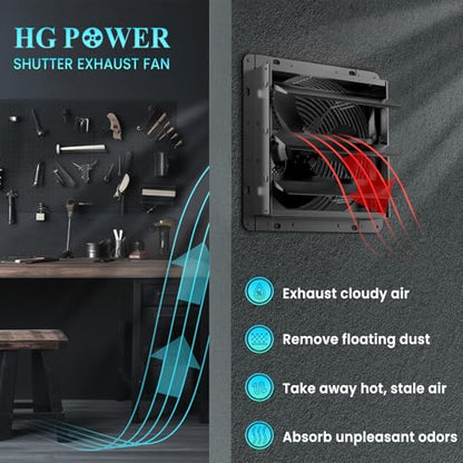 HG Power 10 Inch Shutter Exhaust Fan, 647CFM Quiet Garage Exhaust Fan with 8 Foot Long ON/OFF Switch Cable for Chicken Coop, Shed, Basement, Gable, Kitchen, Attic Ventilation Use, Black - size: 10 Inch Upgrade