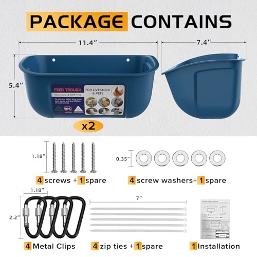 Goovilla Chicken Feeder Waterer, Hanging or Screw-in Fence Feeders with Clips, 2 Pack 5 Quart Goat Feeding Supplies, Duck Piglet Sheeple Coop Dog Livestock Poultry Plastic Feeder Trough Bucket, Blue - color: Dark Blue, size: 5 Quart