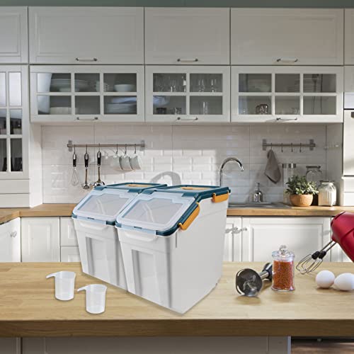 2 Pack 25lbs Rice Container with Wheels, Large Flour and Grain Storage Container with Lid, Measuring Cup and Scoop, Plastic Food Storage Bin for Kitchen Pantry (Dark Blue) - color: 2Pcs 25LB Blue