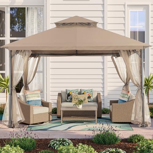 MASTERCANOPY Outdoor Patio Gazebo with Double Roofs, Stable Steel Frame and Mosquito Netting (11x13,Khaki) - color: Khaki, size: 11x13
