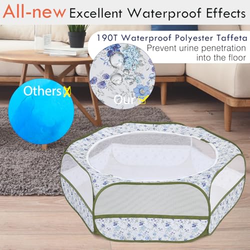 Pawaboo Small Animals Playpen, Waterproof Small Pet Cage Tent with Zippered Cover, Portable Outdoor Yard Fence with 3 Metal Rod for Chick/Kitten/Puppy/Guinea Pig/Rabbits/Hamster, Blue + White Flower - color: Blue + White Flower