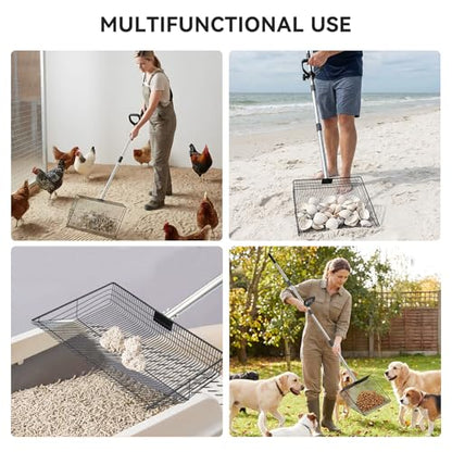 AiQInu 2-in-1 Chicken Poop Scooper & Rake, Adjustable Stainless Steel Poop Scoop with 24"-90" Long Handle, Sifting Shovel for Chicken Coop, Goat Stall & Stable Cleaning