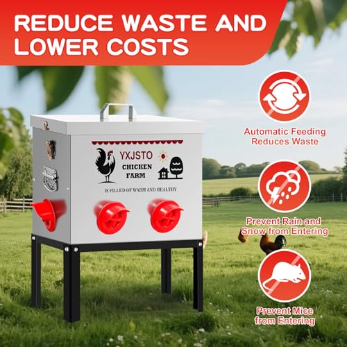 40LB Automatic Chicken Feeder with 6 Ports, Heavy Duty Metal No-Waste Poultry Feeder, Rustproof & Weatherproof Design with Adjustable Legs & Locking Lid