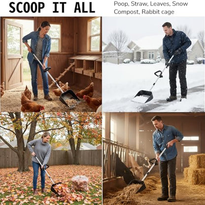 Chicken Poop Scooper & Rake 2-in-1, Adjustable Steel Handle Chicken Poop Shovel (24"-63.7"). Chicken Coop Scoop for Chicken Coop and Pet Poop Cleaning with Ergonomic Grip-Long Slot