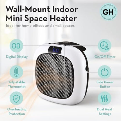 Good Housekeeping Wall-Mount Indoor Mini Space Heater w/ Thermostat & Remote, 750W, White - color: White