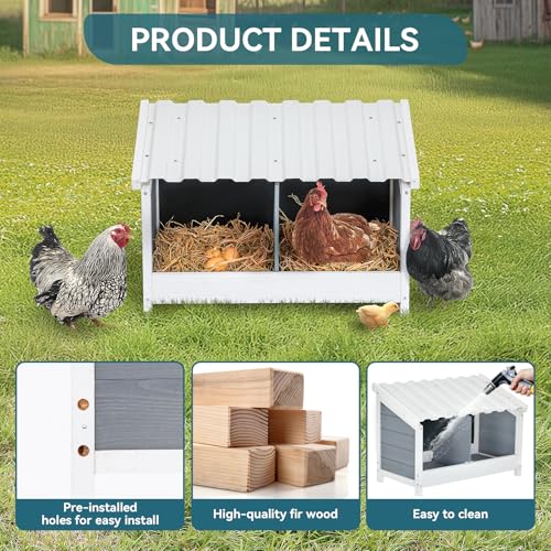 PETSFIT 2 Holes Chicken Nesting Box-All Weather PVC Roof, Natural Wood Design with Privacy Back Panel for Hens-Wall Mounted or Floor Use in Coops, Farms, Backyards,Easy to Assemble and Clean - size: 2 Holes