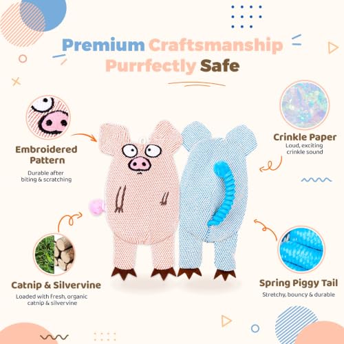Cat Toys for Indoor Cats, 2 PCS 8000mg A+Natural Catnip Silvervine Crinkle Interactive Cat Toy Pig with Bell Elastic Tail, Baby-Grade Plush Chew Toy for Teeth Cleaning, Cat Kickers for Boredom