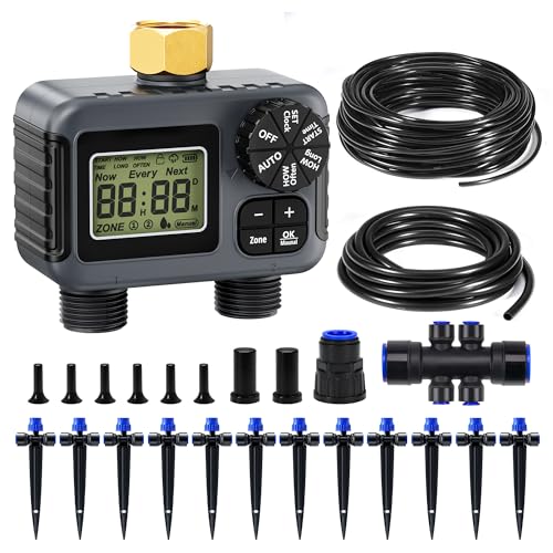 HIRALIY 50FT Drip Irrigation Kit with Garden Water Timer-2 Zone, Automatic Garden Watering System for Raised Bed, Quick Connect Design, Irrigation System for Plant Patio