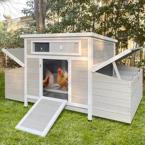 Chicken Coop, Large Wooden Chicken Coop with 6 Nesting Boxes for 3-6 Chickens, Outdoor Hen House Poultry Hutch Rabbit Cage with No-Slip Ramp & Pull-Out Tray for Backyard Farm (Gray & White) - color: Gray & White - For 3-6 Chickens