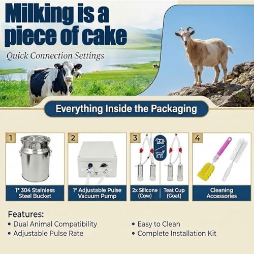Upgrade 2-in-1 Goats and Cows Milking Machine, Food-Grade Stainless Steel Bucket with 4 Teat Cups, Cordless Pulsation Vaccum Electric Milke Machines, for Small Farms