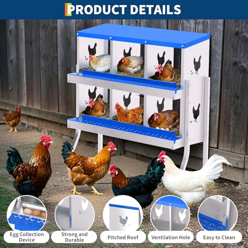 Garvee Durable Galvanized Metal Chicken Nesting Box – 6 Compartments, Roll Away Egg Collection, Perch, Ventilated, Easy Install and Clean, Includes Bracket, Blue - color: Blue, size: 6 holes with legs