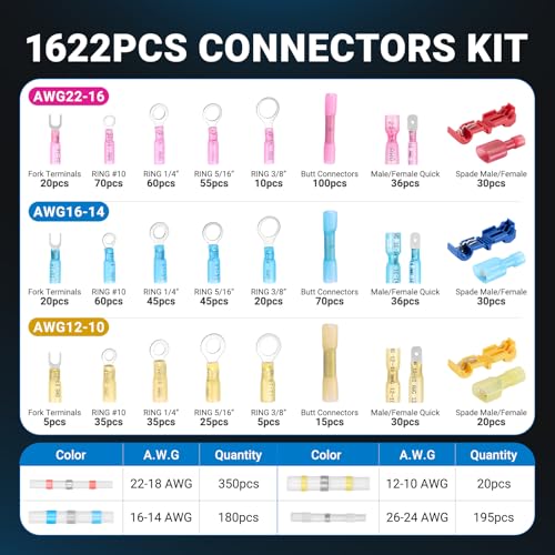 1622PCS Heat Shrink Wire Connectors Kit, T-Tap Electrical Terminals & Solder Seal Connectors, Insulated Marine Grade Waterproof Ring Fork Spade Butt Splice Set for Boat Automotive DIY