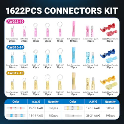 1622PCS Heat Shrink Wire Connectors Kit, T-Tap Electrical Terminals & Solder Seal Connectors, Insulated Marine Grade Waterproof Ring Fork Spade Butt Splice Set for Boat Automotive DIY
