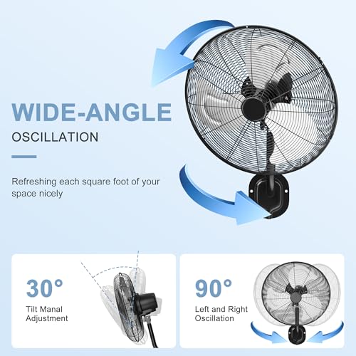 MEPTY 18" Wall Mount Fan, Heavy Duty Industrial Wall Fan, High Velocity Oscillating Fans with 3 Speeds for Patio, Shop, Greenhouse, Garage, Commercial, Household use - size: 18inch