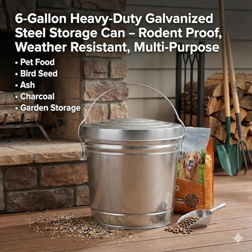 6-Gallon Galvanized Steel Storage Can with Lid, Heavy-Duty Metal Trash Can for Outdoor, Indoor Use, Pet Food Container, Bird Seed Storage, Ash Bucket, Rodent Proof, Ideal for Garage, Garden, Patio