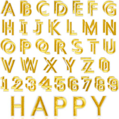 ASTARON 72 Pcs Iron on Letters and Numbers Patches, 1.5 Inch Letters A-Z Numbers 0-9 Embroidered Applique Patches Alphabet Cloth Patch for Clothes, Bags, Socks, Jeans, Hat, DIY Accessories(Gold) - color: Gold