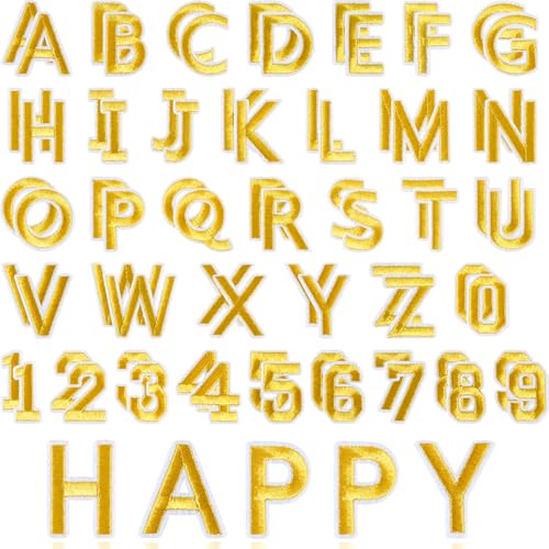 ASTARON 72 Pcs Iron on Letters and Numbers Patches, 1.5 Inch Letters A-Z Numbers 0-9 Embroidered Applique Patches Alphabet Cloth Patch for Clothes, Bags, Socks, Jeans, Hat, DIY Accessories(Gold) - color: Gold