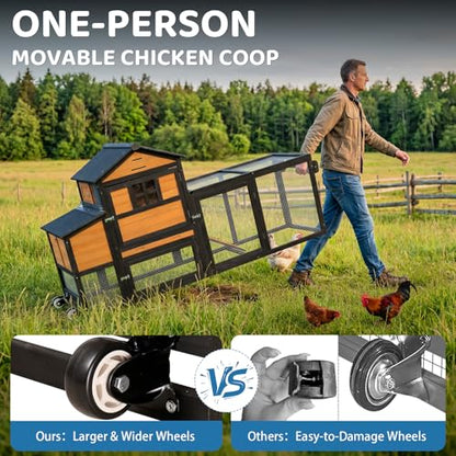 Chicken Coop with Wheels for 4-6 Chickens, Mobile Hen House with Run, Outdoor Chicken Coop, Ventilated Window, Easy-Clean Nesting Box, Weatherproof Asphalt Roof, 82.7” L x 25.6” W x 44.1” H, Brown - color: Brown