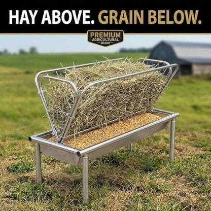 Large Capacity Heavy Duty Hay Feeder, Galvanized Steel Livestock Feeder with 2 in 1 Grain Feeding Pan, Durable Goat Feeder for Horses, Sheep, Cows and Homestead Pasture Feeding