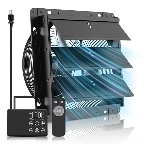 12'' Upgraded Shutter Exhaust Fan with Thermostat & Remote, 980 CFM Wall Mounted Attic Exhaust Fan, Auto On/Off by Temperature for Garage, Greenhouses, Sheds, Chicken Coops & Basement - size: 12 Inch