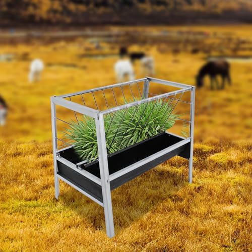 Pasture Hay Feeder, Heavy-Duty 24 Gallon Livestock Feed Trough with Grain Pan, Quick-Assemble Hay & Grain Feeder for Goats, Calves, Cows, Horses, Farm - Galvanized Steel