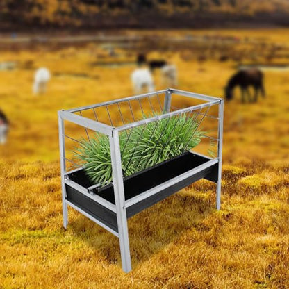 Pasture Hay Feeder 52 Gallon Livestock Feed Trough Heavy Duty 2-in-1 Grain & Hay Livestock Feeding Trough for Goat Sheep Horse Cow (Black)