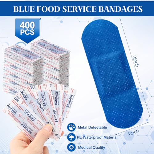 Geiserailie 800 Pcs Blue Bandages 3 ''x 1'' Food Service Metal Detectable PE Waterproof Adhesive Bandages Bulk Sterile Processing Non Stick Pad Latex Free for First Aid & Wound Care Protection