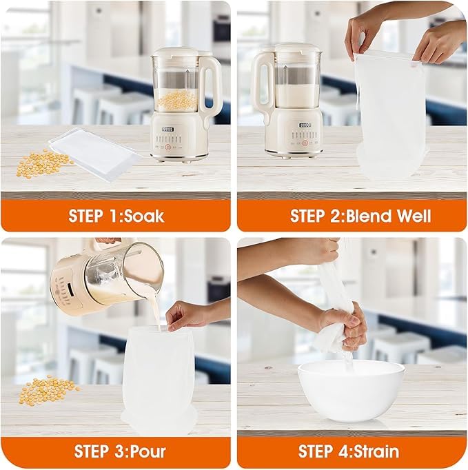 4 Pack Reusable Nylon Nut Milk Bag - 8x12 Inch Fine Mesh Food Strainer for Cold Brew, Cheese, Yogurt, Juicing & Tofu