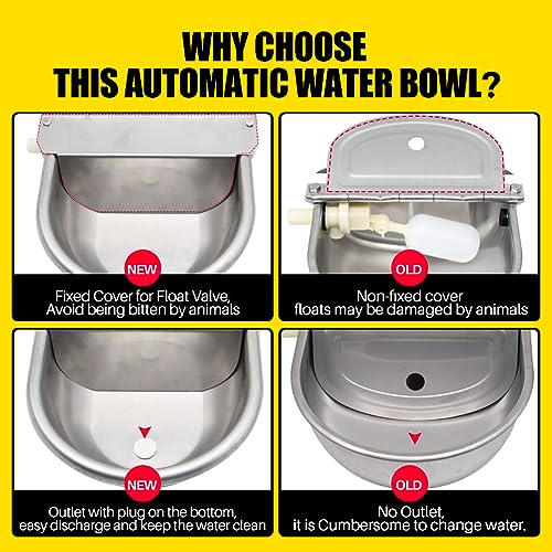 Automatic Animal Drinking Water Bowl with Drain Hole, Float Valve, 304 Stainless Steel Water Bowl for Dog Goat Cowl Chicken Animals, with Hose, Brush, Quick Connector Adapter, Countersunk Bolts