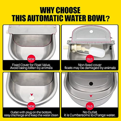 Automatic Animal Drinking Water Bowl with Drain Hole, Float Valve, 304 Stainless Steel Water Bowl for Dog Goat Cowl Chicken Animals, with Hose, Brush, Quick Connector Adapter, Countersunk Bolts
