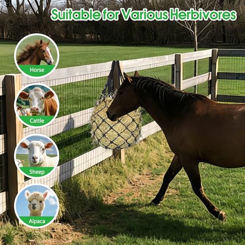 3 Pack Slow Feed Hay Nets for Horses, 40-Inch Durable Mesh Hay Bags with Carabiners and Gloves, Durable Hanging Hay Net for Goat Sheep, Livestock Hay Feeder for Stable Trailer Pasture - size: 3 Pack