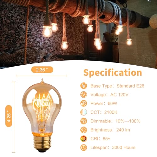 Warm Incandescent Light Bulbs 60 Watt,A19/A60 Vintage Style Edison Bulbs E26,Soft Yellow Light Bulbs,Amber Bulbs,Retro Light Bulb Old Fashioned,Halogen Dimmable Edison Bulb Squirrel Cage 12 Pack - size: 12 Count (Pack of 1)
