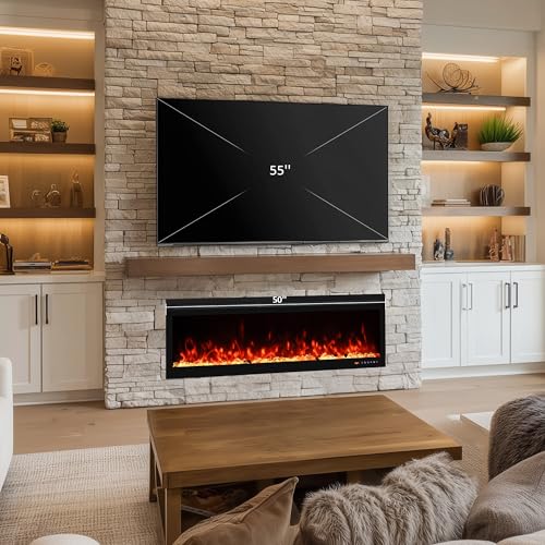 50 Inch Smart Electric Fireplace Insert with Heater, Recessed or Wall Mounted, Remote and App Control, 9H Timer, Adjustable Realistic Flame Effects, 1500W Heater - size: 50 Inch WiFi