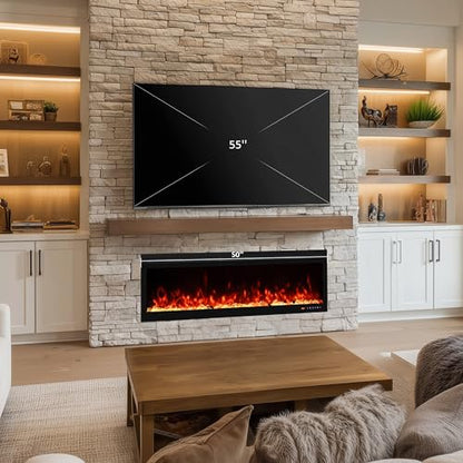 50 Inch Smart Electric Fireplace Insert with Heater, Recessed or Wall Mounted, Remote and App Control, 9H Timer, Adjustable Realistic Flame Effects, 1500W Heater - size: 50 Inch WiFi