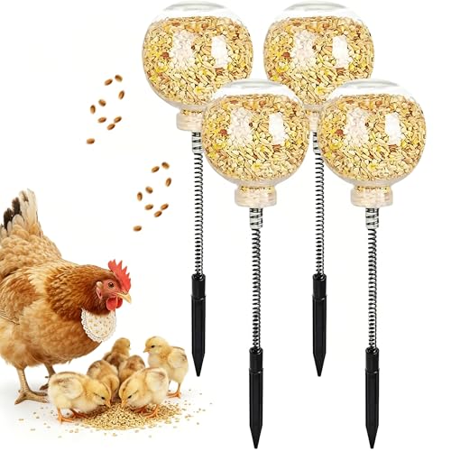 Chicken Slow Feeder Ball & Enrichment Toys for Hens Poultry, Interactive Boredom Busting Chicken Coop Accessories, Spring Loaded Swing Feeder with Ground Stake for Parrots Ducks Birds (4PCS, one size) - color: 4PCS