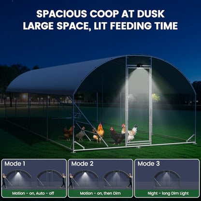 CHIKENCOOP 26x6.5x6.6ft Metal Chicken Coop, Full-Cover 4-Room Chicken Run | Four-room walk-in chicken run with full-top waterproof UV-resistant cover, solar light, support brackets, and rear poles - size: 319.0"L x 118.0"W x 78.0"H