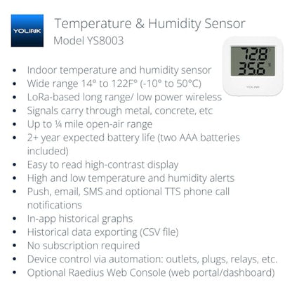YoLink Smart Wireless Temperature & Humidity Sensor, Wide Temp Range for Fridge, Green House, Pet Cage, App Alerts, Emails, Text/SMS alerts- Hub Required - style: 1-Pack without Hub