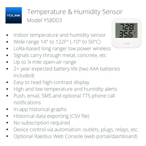 YoLink Smart Wireless Temperature & Humidity Sensor, Wide Temp Range for Fridge, Green House, Pet Cage, App Alerts, Emails, Text/SMS alerts- Hub Required - style: 1-Pack without Hub