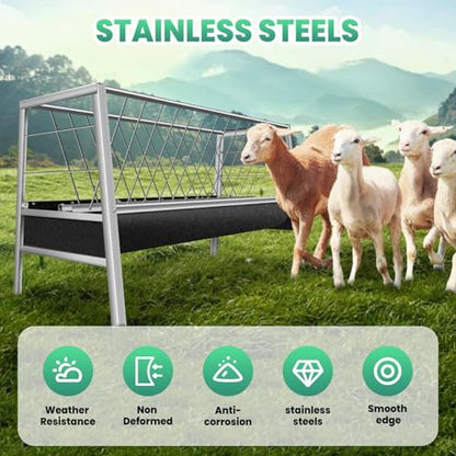77 Gallon Heavy-Duty Stainless Steel Hay Feeder 59" x 19.6", 2 in 1 Silvery Goat Hay Feeder with 22 Gallon Black Feeding Pan, Easy to Assemble Pasture Hay Rack for Outdoor Farm, Horse Farm, Livestock
