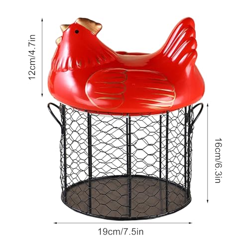 Chicken Egg Basket, Chicken Egg Holder, Black Wire Chicken Egg Collection Baskets with Ceramic Lid and Handle for Gathering Fresh Eggs, Farmhouse Style Egg Storage Container for Kitchen(Red) - color: Red