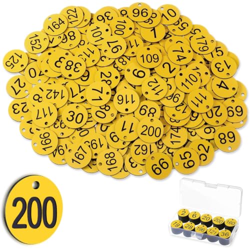 Yinkin 200 Pcs Plastic Number Tags, 1-200 Number Cards, Round Hole Hang Tags, Marking Identification Tag Hanger Numbers Cards for Coat Keychain Check Closet Organization Lottery (Yellow) - color: Yellow