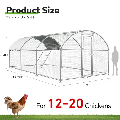 Large Metal Chicken Coop with Weatherproof Canopy for Farm and Backyard Animals Including Chickens, Ducks, and Rabbits (10’ W x 19.7’ L x 6.4’ H, Dome Roof-Roosting Perch)