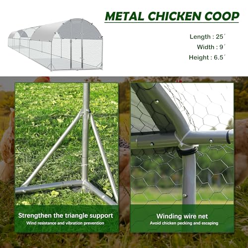 Large Metal Chicken Coop Round Top Upgrade Tri-Supporting Wire Mesh Chicken Run,Chicken Pen with Water-Resident and Anti-UV Cover,Duck Rabbit House Outdoor (Dome Roof 25'L x 9'W x 6.5'H) - size: 300.1"L x 108.0"W x 78.0"H