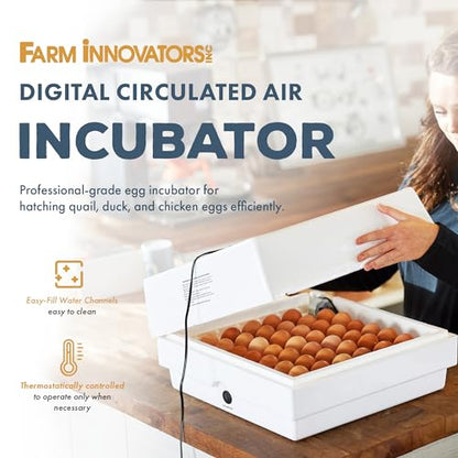 Farm Innovators Egg Incubator with Automatic Egg Turning & Humidity Control, Egg Candler w/Digital LCD Display for Improved Hatching, 4 Pack, White