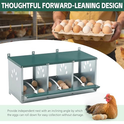 3 Compartment Metal Chicken Nesting Box with Roll Away Egg Collection 32×16×15in,Wall Mountable Large Hen Laying Box with Vented Holes,3 Houses Coop Roosting Boxes Fit for Different Poultry Breeds - size: 32×16×15in