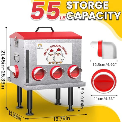 10-Gal 55LB Metal Chicken Feeder with Window, Dual No-Waste Design, Automatic Large Chicken Feeder for Outdoor Coops, Rust-Proof Alloy Steel Poultry Feeder with Adjustable Legs (Red)