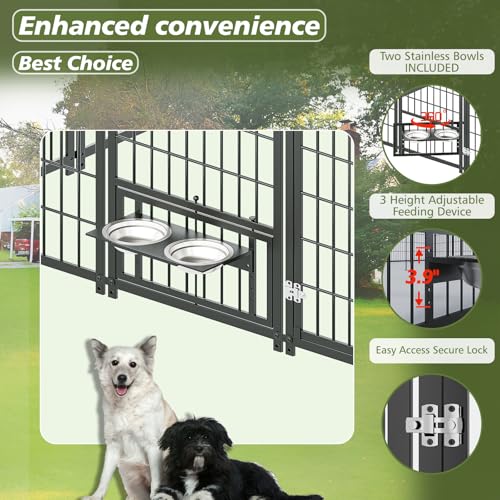Large Dog Kennel Outdoor with Waterproof Roof Cover 18.9'L X 9.6'W X 6.76'H Metal Dog Run Enclosure Pet Pen Fence with 2 Rotatable Feeders Outside Dog House for Yard Chicken Coop Animals Ventilated