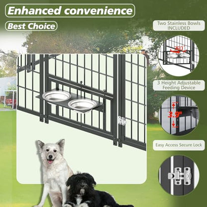 Large Dog Kennel Outdoor with Waterproof Roof Cover 18.9'L X 9.6'W X 6.76'H Metal Dog Run Enclosure Pet Pen Fence with 2 Rotatable Feeders Outside Dog House for Yard Chicken Coop Animals Ventilated